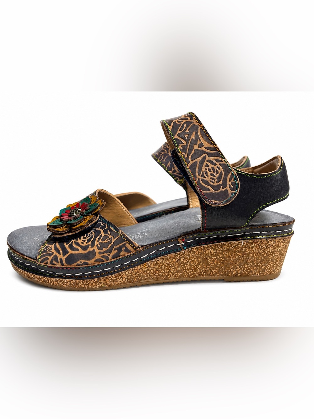 L’Artiste Spring Step Floral Leather Comfort Wedge Sandals EU 39 Boho